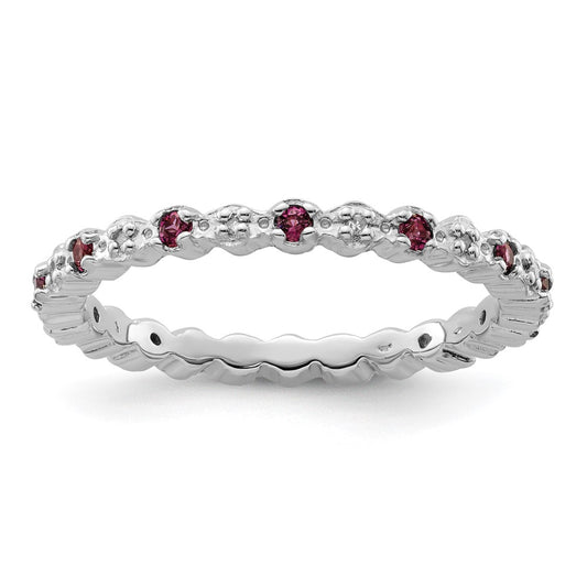 Sterling Silver Stackable Expressions Rhod. Garnet & Diamond Ring Size -7