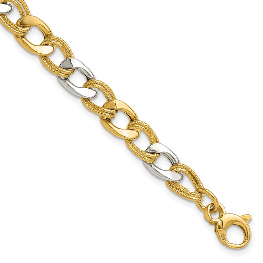 14K Two-tone Polished and Textured Fancy Link Bracelet 7.5  inches