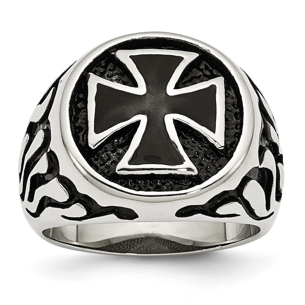 Stainless Steel Antiqued Polished & Textured Black IP-plated Cross Ring Size - 9