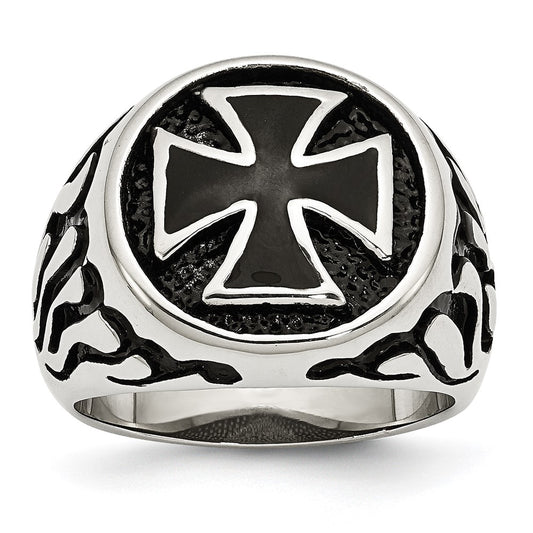 Stainless Steel Antiqued Polished & Textured Black IP-plated Cross Ring Size - 9