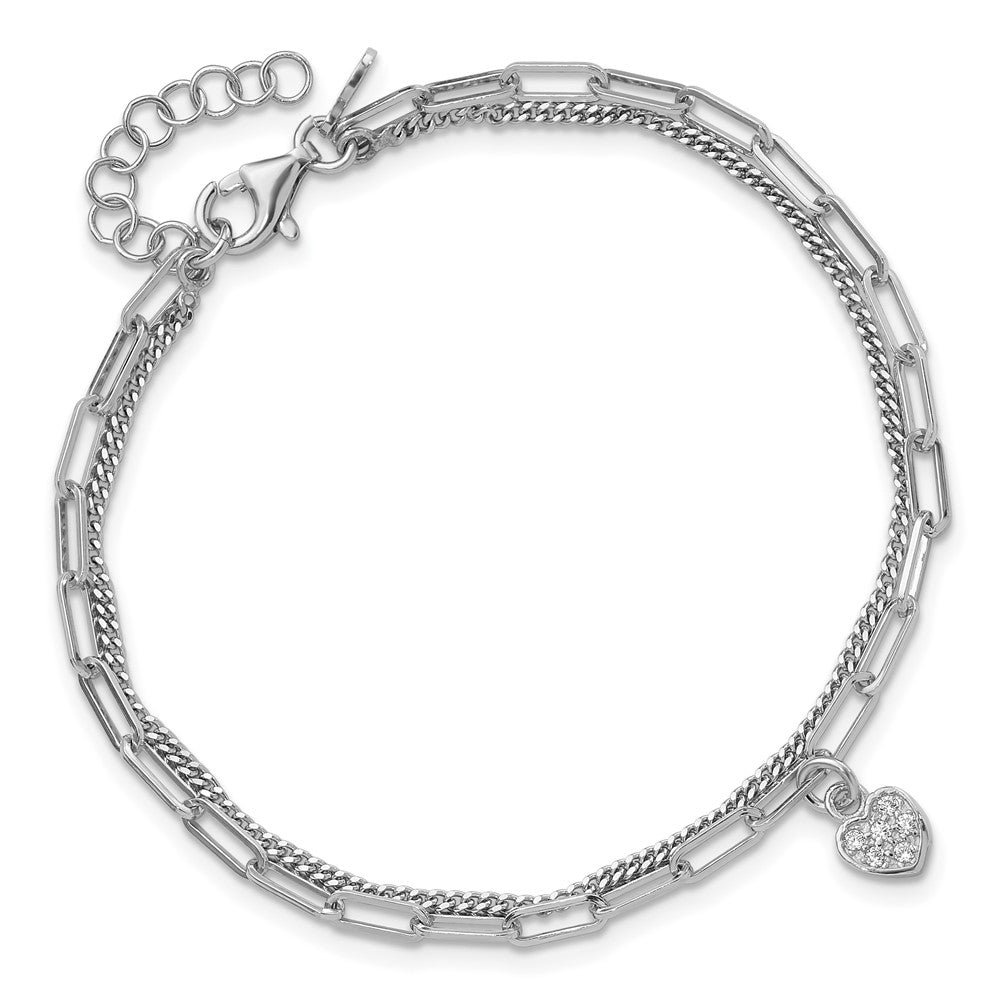 Sterling Silver Rhodium-plated CZ Heart 6.75in w/1in ext. Bracelet 8 inches