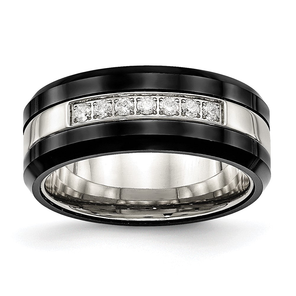 Stainless Steel Polished Black Ceramic CZ Beveled Edge Ring Size - 9