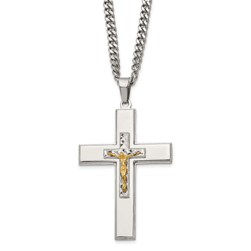 Stainless Steel Polished Yellow IP-plated Crucifix 24in Necklace