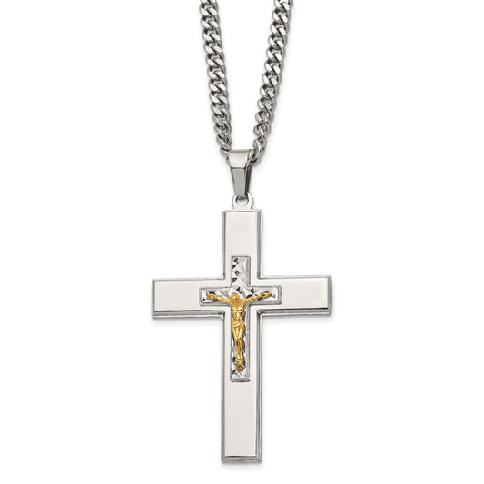 Stainless Steel Polished Yellow IP-plated Crucifix 24in Necklace