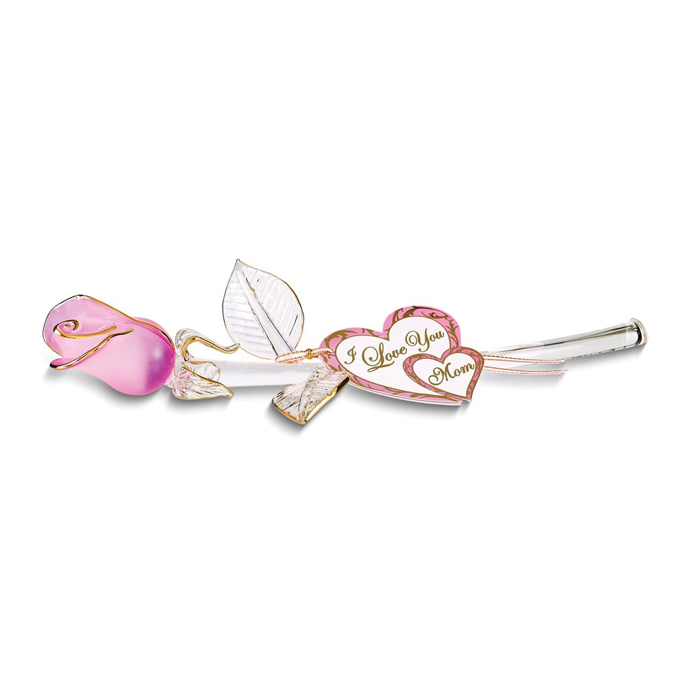 Glass Baron I LOVE YOU MOM Pink Pearl Rosebud Glass Figurine