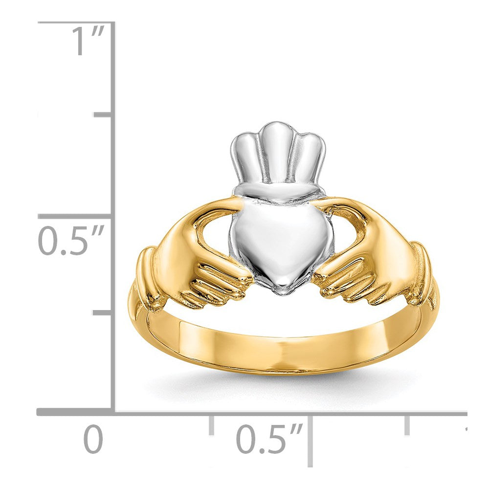 14k Polished and Rhodium Claddagh Ring Size 6.5