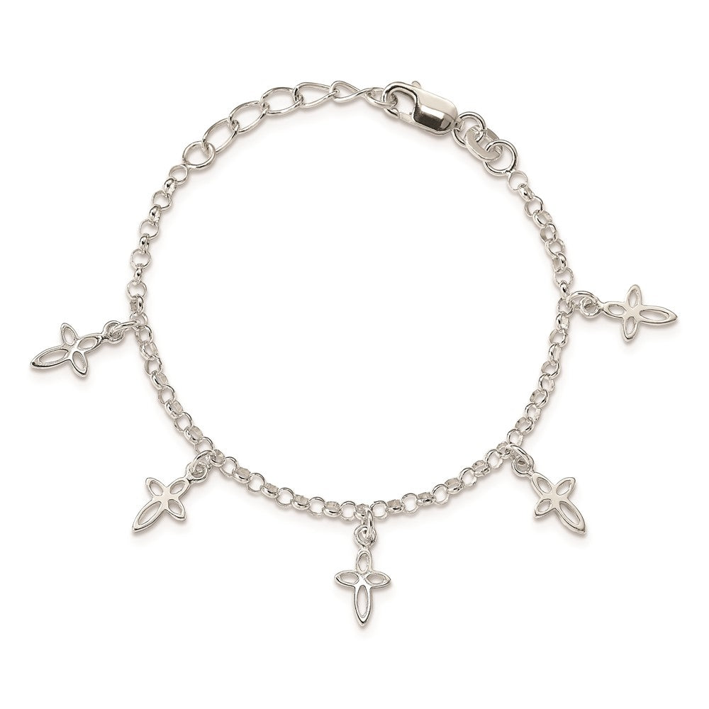 Sterling Silver Polished Cross Charms with 1in Ext. Children's Bracelet 6 inches