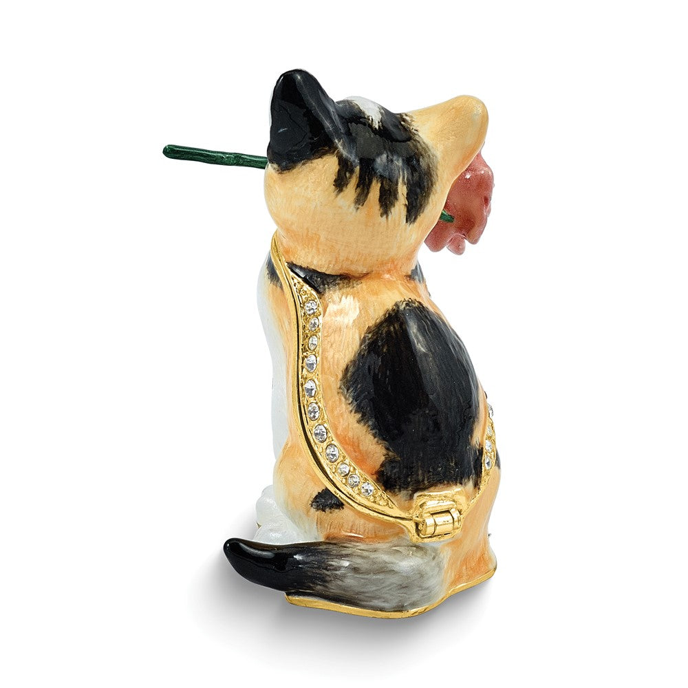 Luxury Giftware by Jere Bejeweled ROSEY RASCAL Cat with Rose Trinket Box with Matching 18 inch Necklace