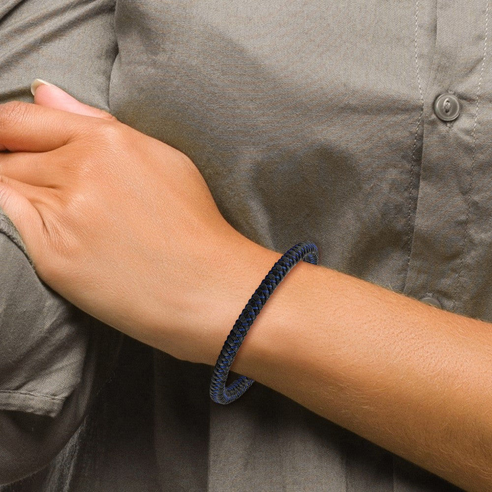 Stainless Steel Polished Blue Wire & Black PU Adjst 7.75 to 8.25in Bracelet 8.25 inches