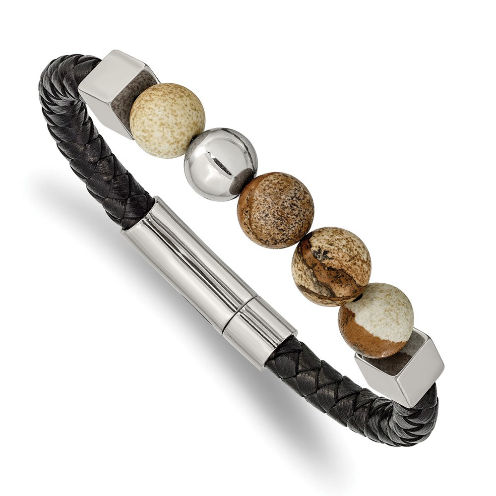 Stainless Steel Polished w/Brown Jasper Black Leather 8in Bracelet 8 inches