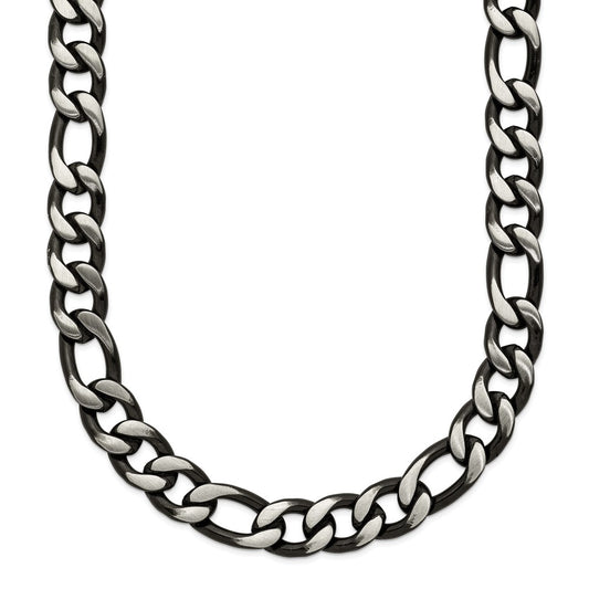 Stainless Steel Brushed and Polished Black IP 7.5mm Figaro 26in Necklace