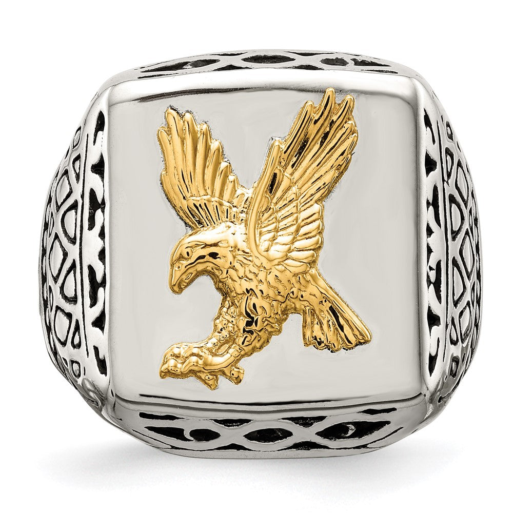 Stainless Steel w/14k Accent Antiqued and Polished Eagle Ring Size - 10