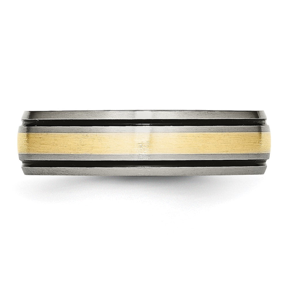 Titanium Antiqued and Brushed w/14k Yellow Inlay 6mm Grooved Band Size - 8