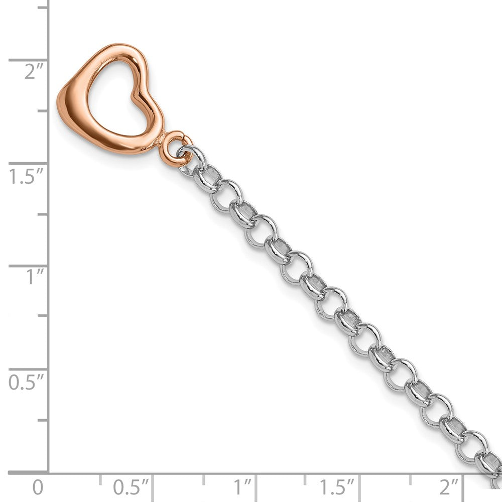 Sterling Silver Rhodium-plated Rose-tone Rolo w/Heart Bracelet 7.75 inches