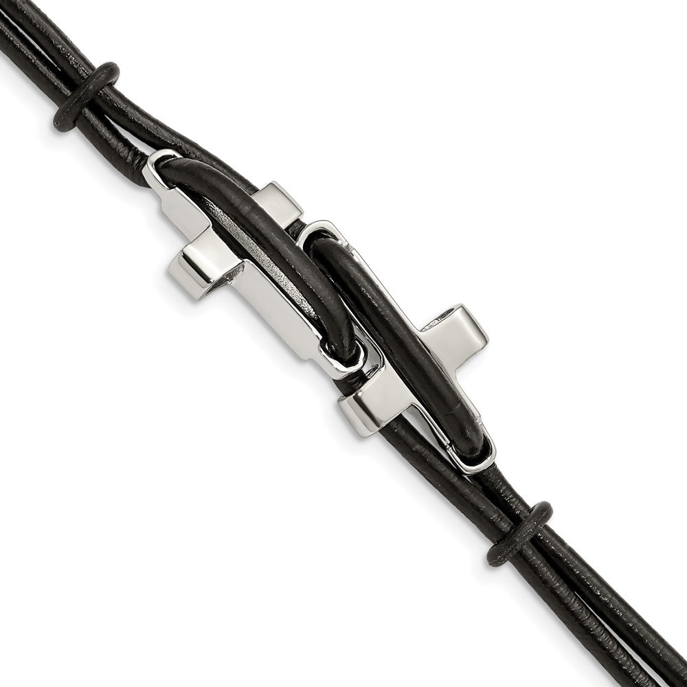 Stainless Steel Polished Crosses Black Leather 8.25in Bracelet 8.25 inches