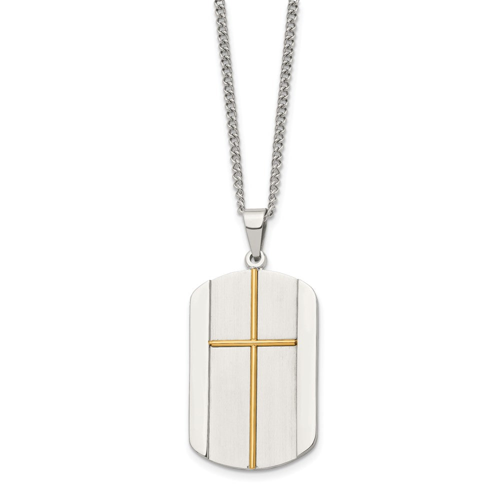 Stainless Steel Brushed and Polished Yellow IP-plated Cross 22in Necklace