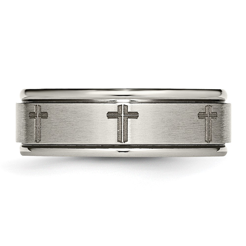 Titanium Brushed & Polished Cross Laser Design 8mm Ridged Edge Band Size - 10.5