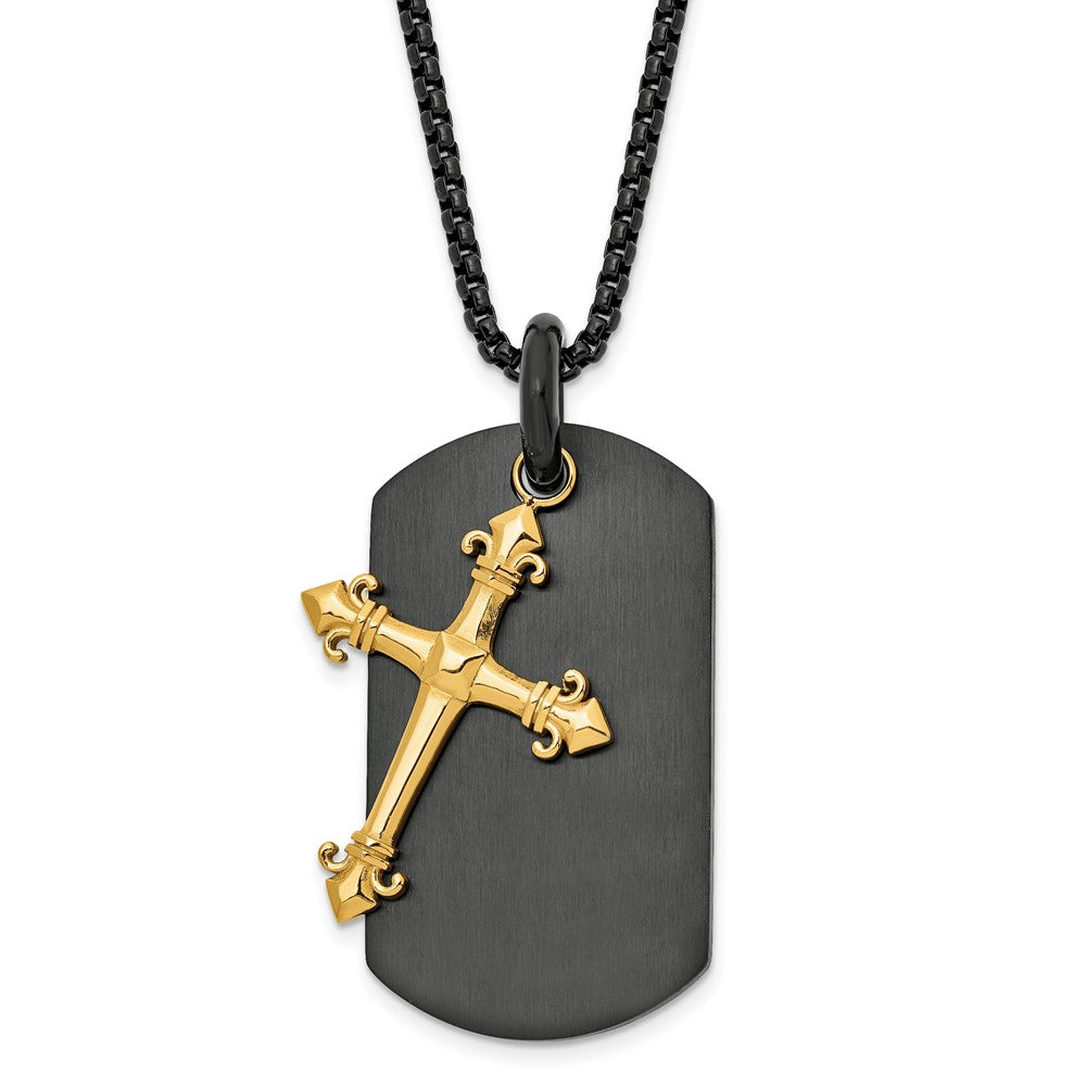Stainless Steel Polished Black and Yellow IP Cross Dog Tag 24.75in Necklace