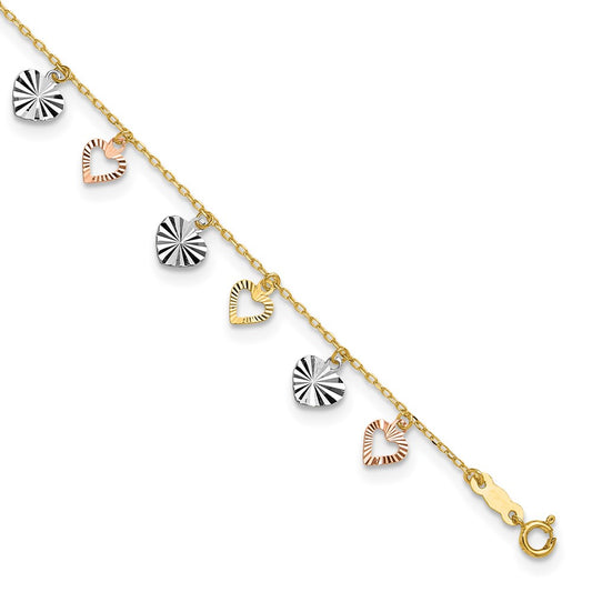 14K Tri-Color Heart 9in Plus 1in ext  Anklet 9 inches