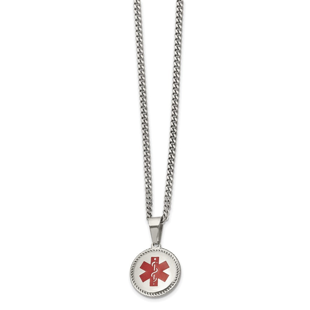 Stainless Steel Polished w/Red Enamel Circle Medical ID 20in Necklace