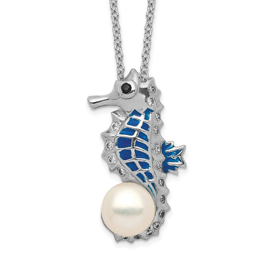 Cheryl M Sterling Silver Rhodium-plated Enameled Freshwater Cultured Pearl and Brilliant-cut CZ Seahorse 18 Inch Necklace 18 Inches