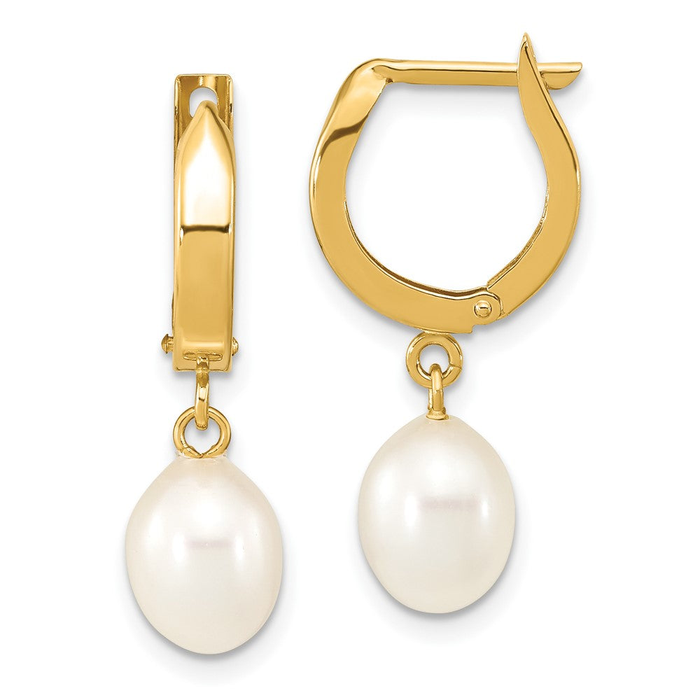 10K 6-7mm White Rice Freshwater Cultured Pearl Hoop Dangle Earrings