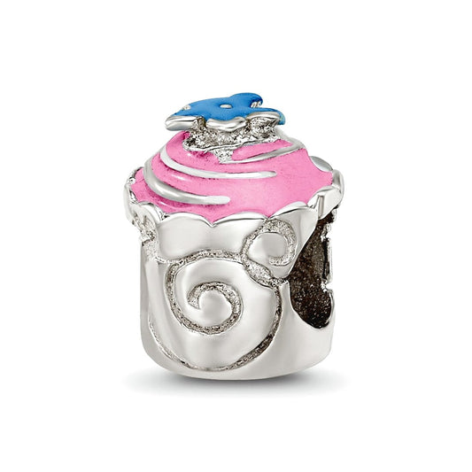 925 Sterling Silver Polished Oxidized Reflections Pink Enameled Cupcake Bead Charm 9.09x8.18mm Wide Pendant Necklace for