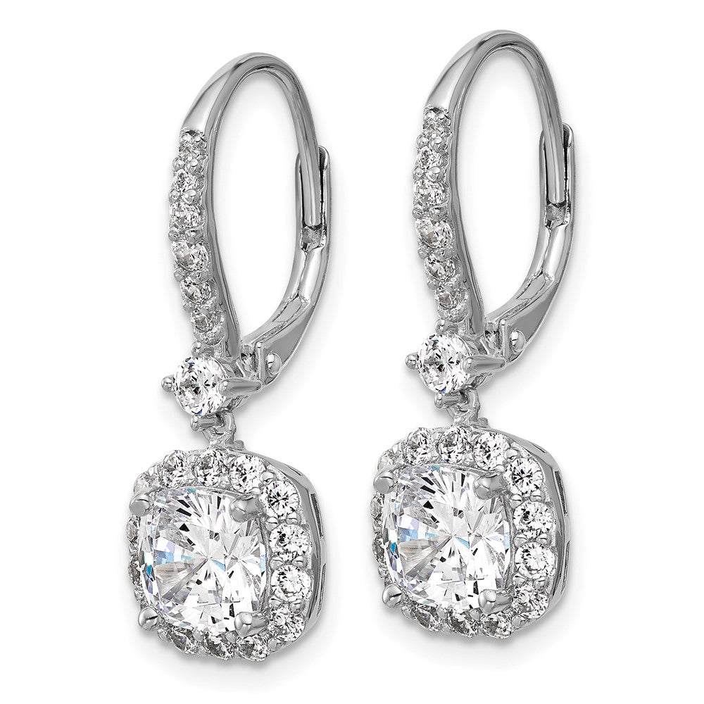 Cheryl M Sterling Silver Rhodium-plated Polished Cushion-cut CZ Halo Dangle Leverback Earrings