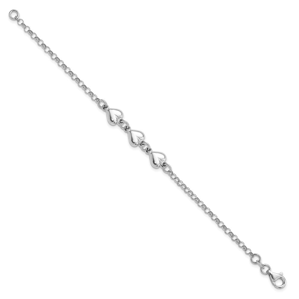 Sterling Silver Rhodium Plated Polished Triple Heart Charm Bracelet 7 inches