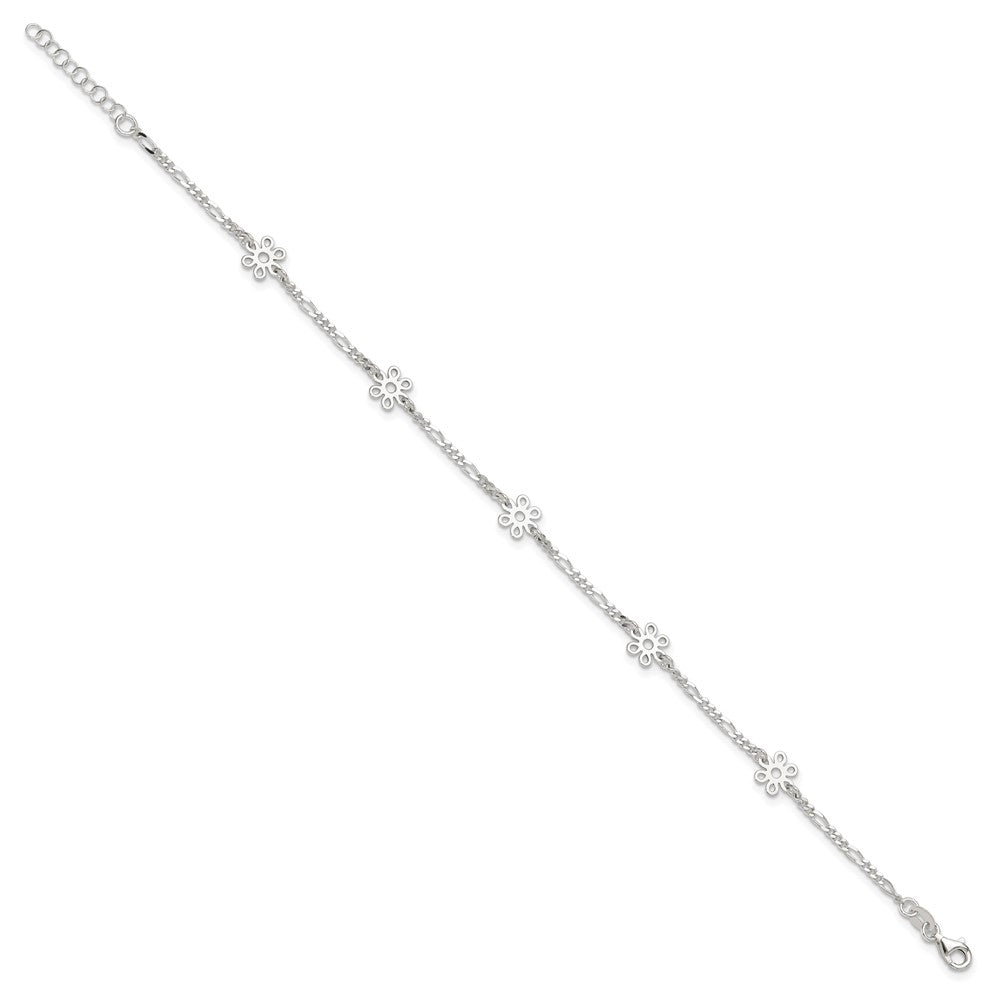 Sterling Silver Polished Flower 9in Plus 1in Ext. Anklet 9 inches