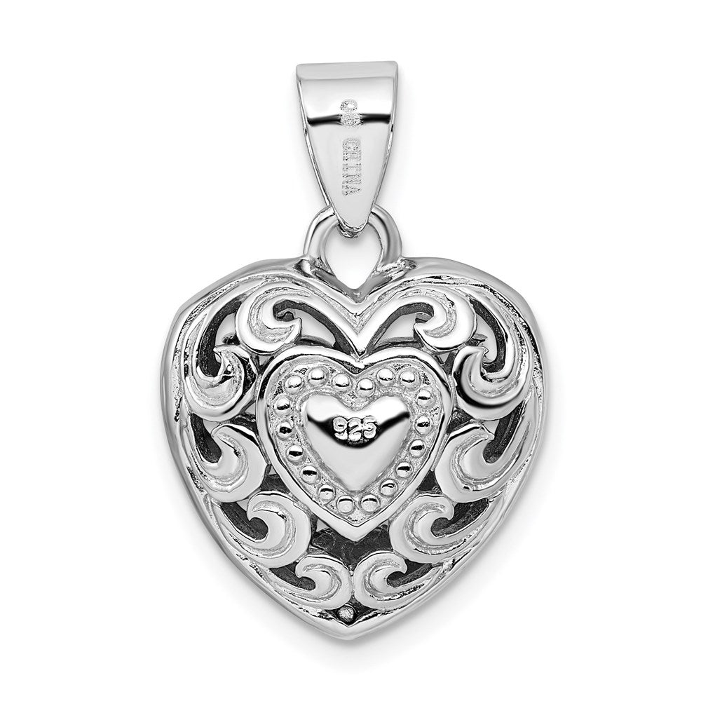 Sterling Silver Rhodium-plated Cut-out Heart Swirl Pendant