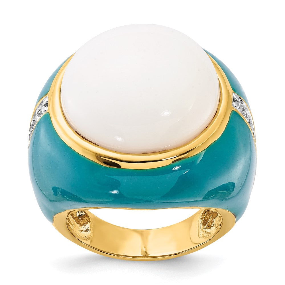 Sterling Silver Gold-plated Blue Enamel CZ & Simulated White Agate Ring