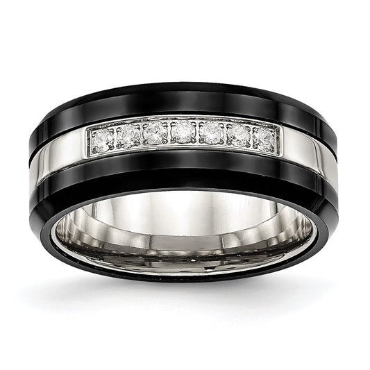 Stainless Steel Polished Black Ceramic CZ Beveled Edge Ring Size - 12