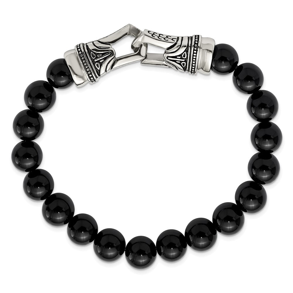 Stainless Steel Antiqued and Polished Black Agate Stretch Bracelet 7.25 inches