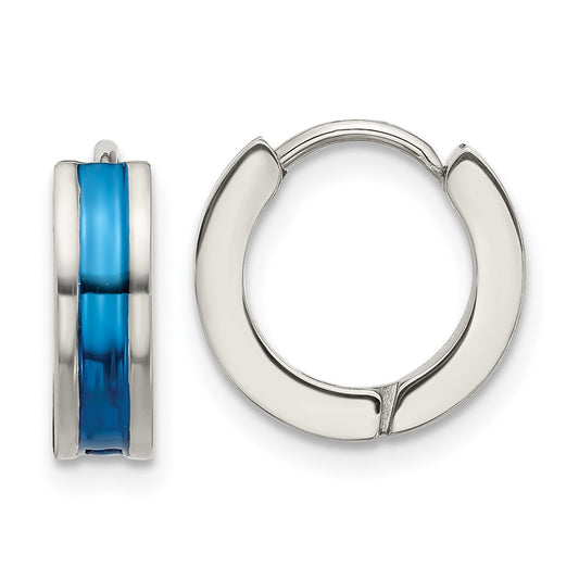 Stainless Steel Polished Blue IP-plated Center 4mm Hoop Earrings