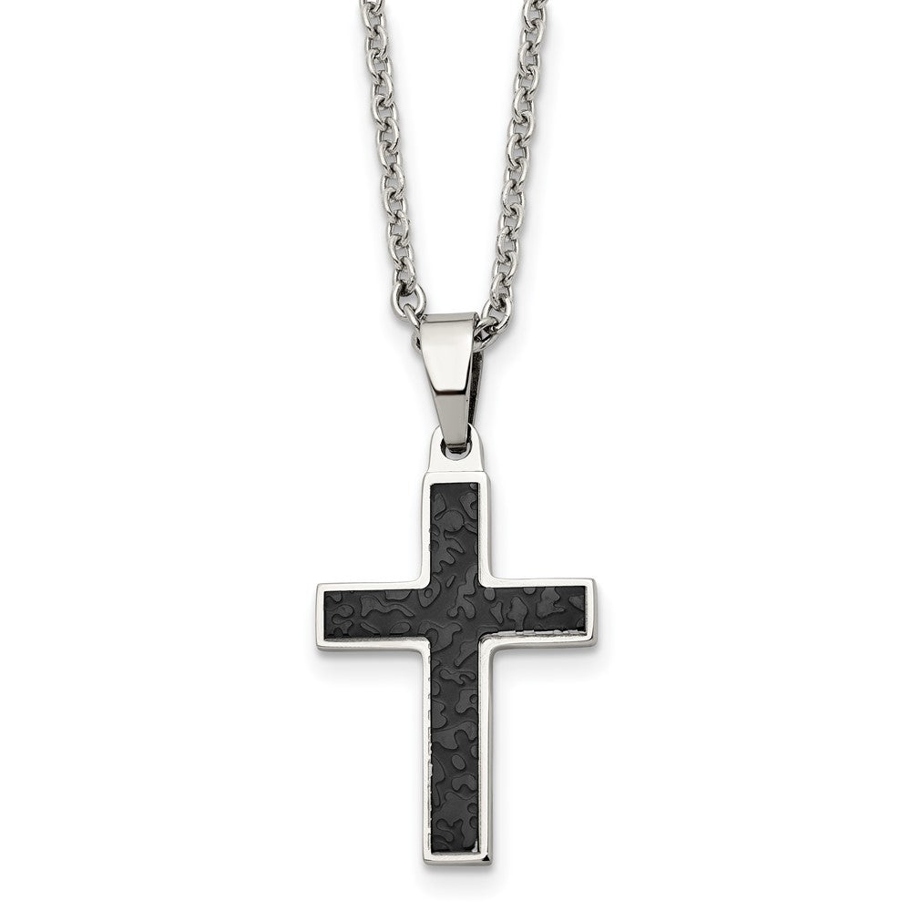Stainless Steel Polished and Textured Black IP-plated Cross 24in Necklace