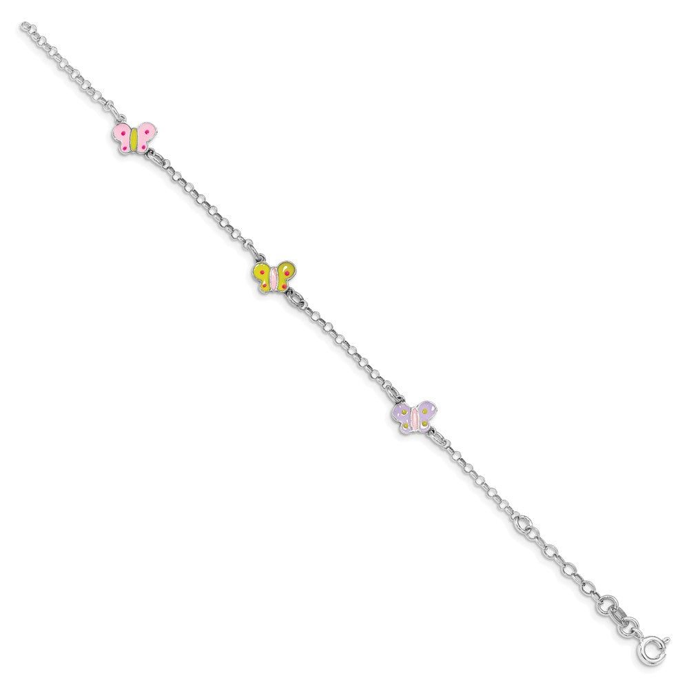 Sterling Silver Rhodium-plated Polished Multi-color Enameled Butterflies Children's Bracelet 7 inches