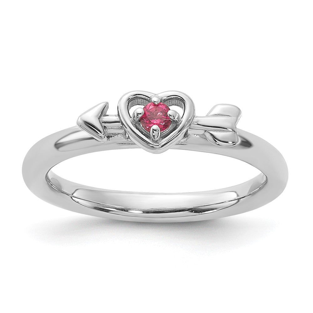 Sterling Silver Stackable Expressions Rhodium-plated Pink Tourmaline Heart with Arrow Ring Size -7