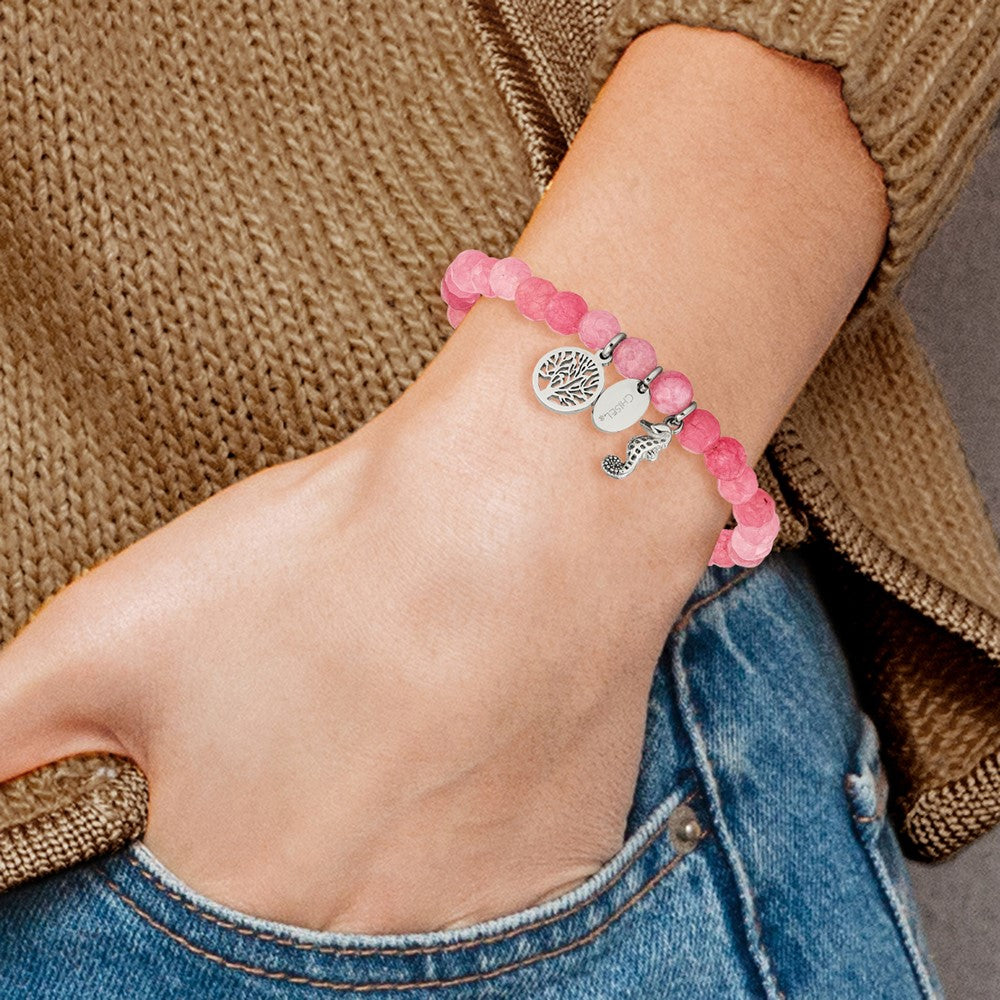 Chisel Stainless Steel Polished Seahorse and Tree of Life Dangles 6mm Pink Jade Beaded 6.25 inch Stretch Bracelet 6.25 inches