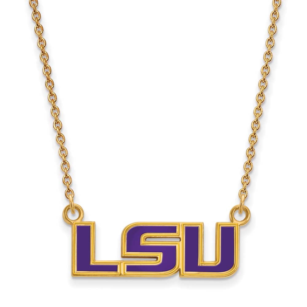 Sterling Silver Gold-plated LogoArt Louisiana State University L-S-U Small Enameled Pendant 18 inch Necklace Q-GP088LSU-18