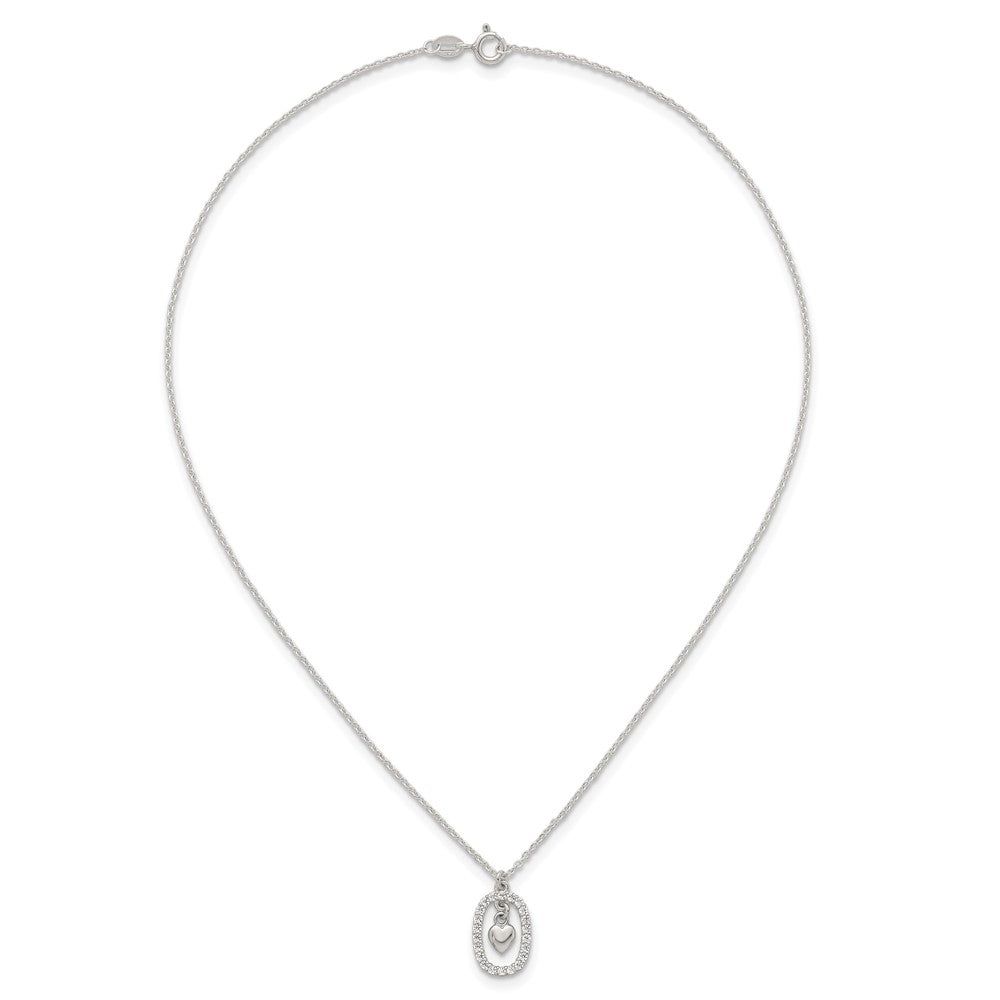 Sterling Silver Polished CZ Heart in Oval Necklace 16 Inches
