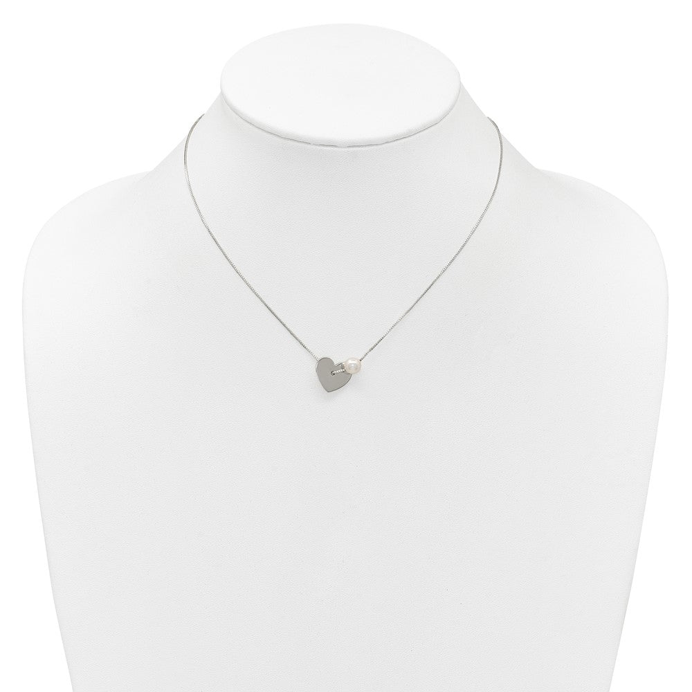 Sterling Silver Polished Glass Pearl Heart Necklace 16 Inches