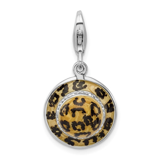 Amore La Vita Sterling Silver Rhodium-plated Polished 3-D CZ Enameled Leopard Hat Charm with Fancy Lobster Clasp