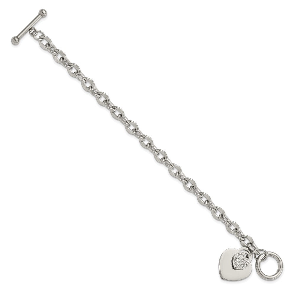 Stainless Steel Polished Two Hearts with CZ 7.5in Toggle Bracelet