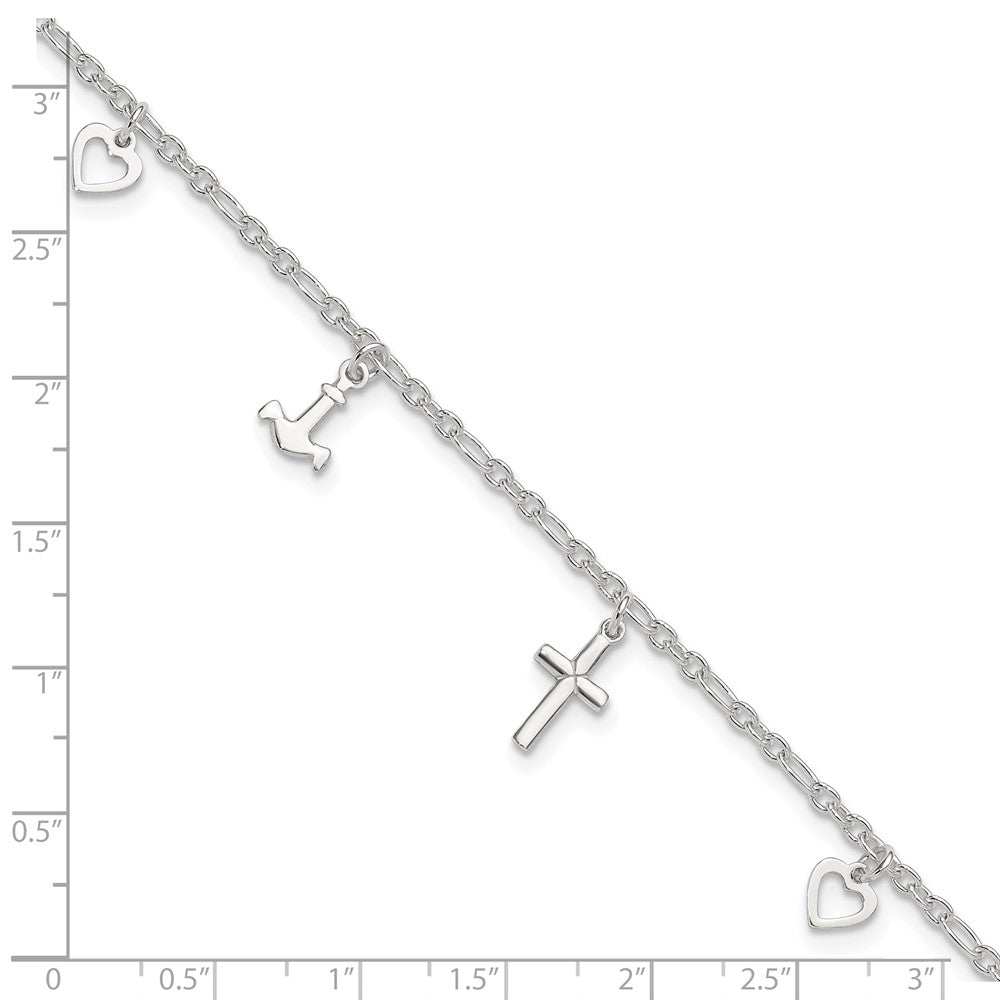 Sterling Silver Cross Heart and Anchor 9in Plus 1in ext Anklet 10 inches