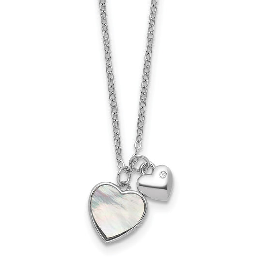 Sterling Silver Rhodium-plated Polished Mother of Pearl and CZ Hearts 14 Inch with 3 Inch Extension Children's Necklace 14 Inches