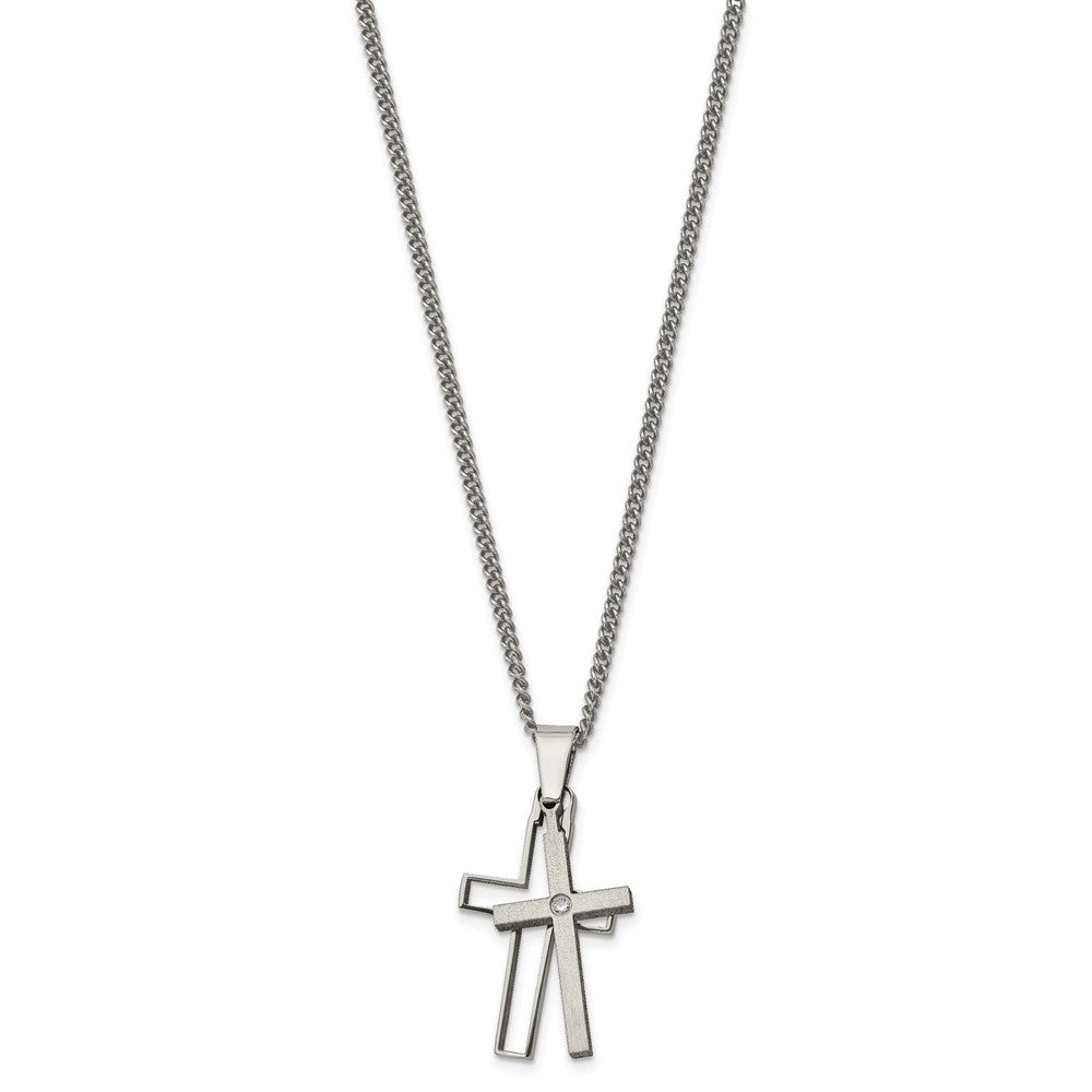 Titanium Brushed and Polished w/.03ct Diamond Cross 22in Necklace