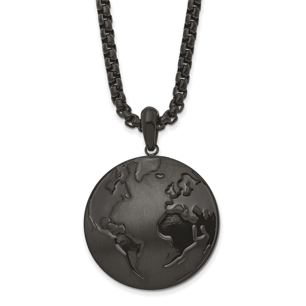 Stainless Steel Antiqued Brushed & Polished Black IP Earth 24in Necklace