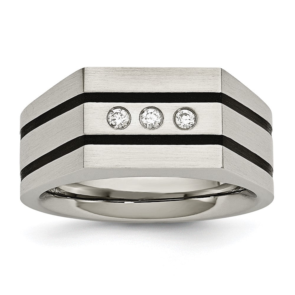 Stainless Steel Brushed Black IP-plated w/CZ Signet Ring Size - 9
