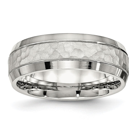 Stainless Steel Brushed Polished and Hammered 7.5mm Band Size - 10